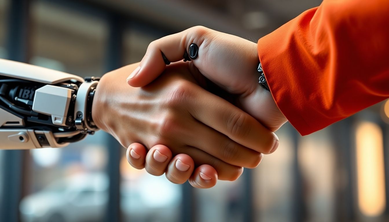 Human hand and robotic hand shaking.