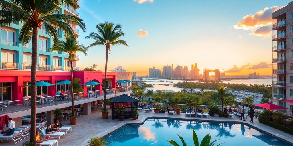 Colorful Miami hotel with palm trees and sunset glow.