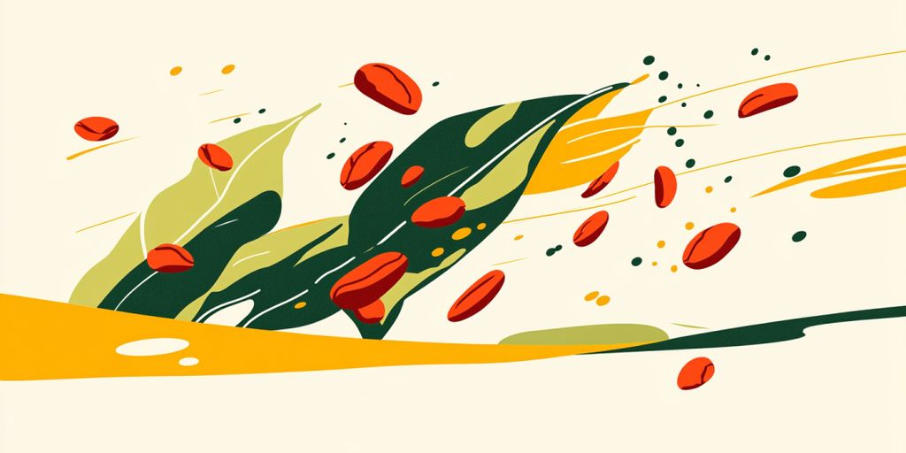 Abstract illustration of leaves and scattered red elements.