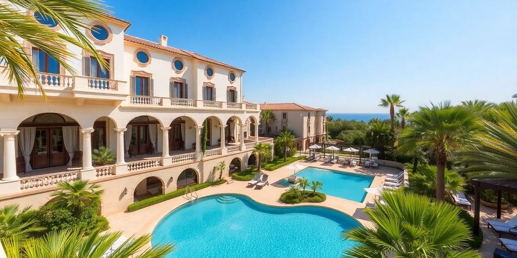 Luxuriöses Hotel mit Garten und Pool auf Mallorca.