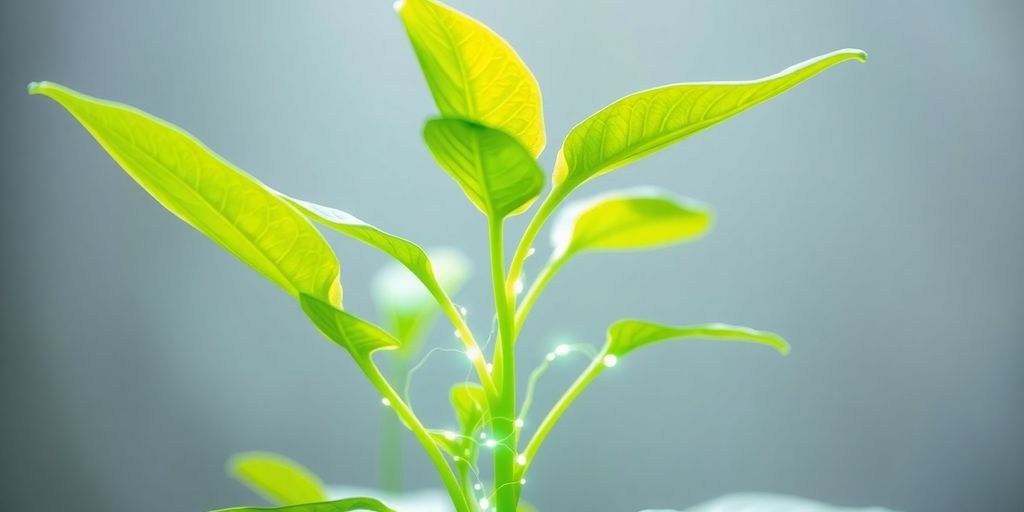 Glowing data streams flowing into a growing plant.