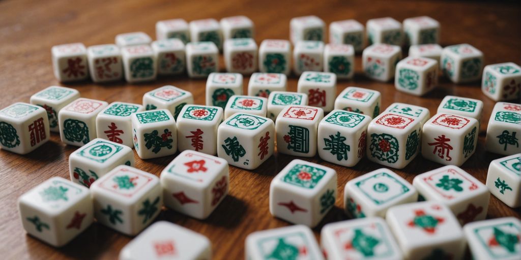 Different sizes of Mahjong tiles displayed on a table.