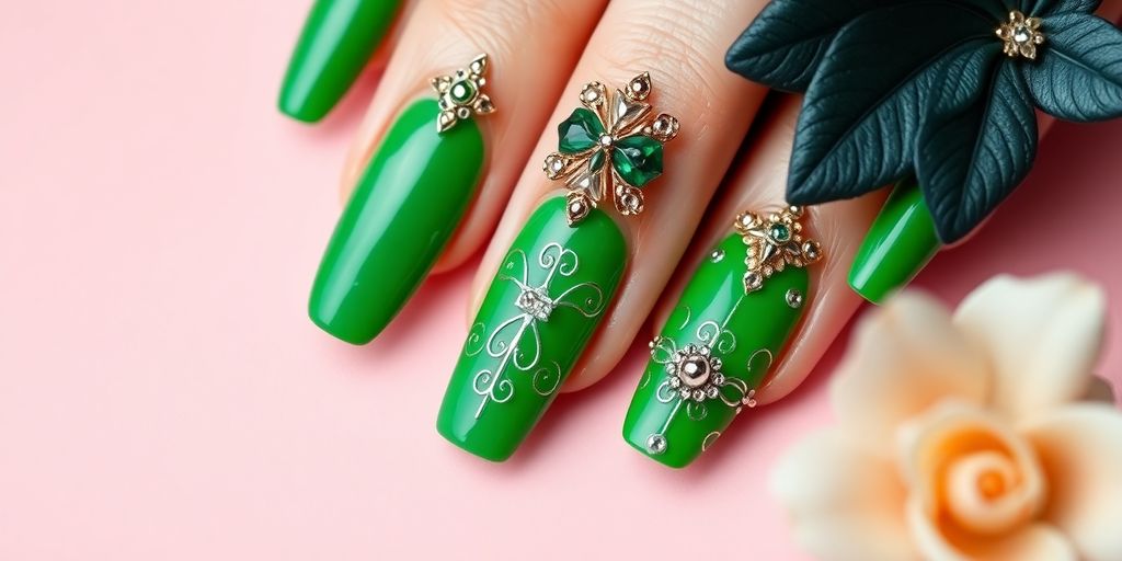 Unhas verdes decoradas com designs glamourosos e detalhados.