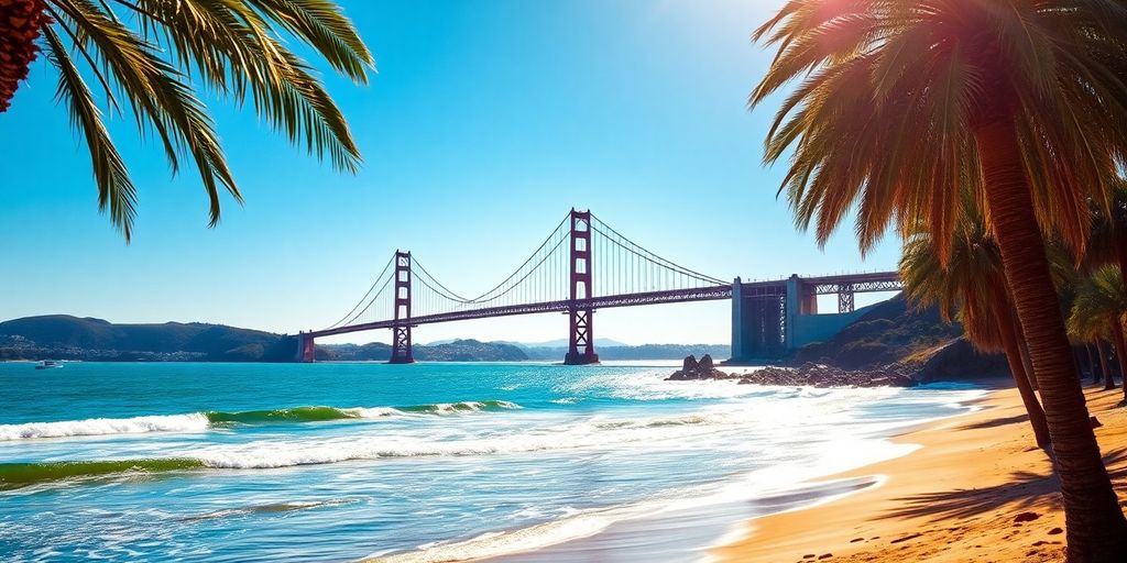 Golden Gate Bridge, San Francisco skyline, ocean waves.