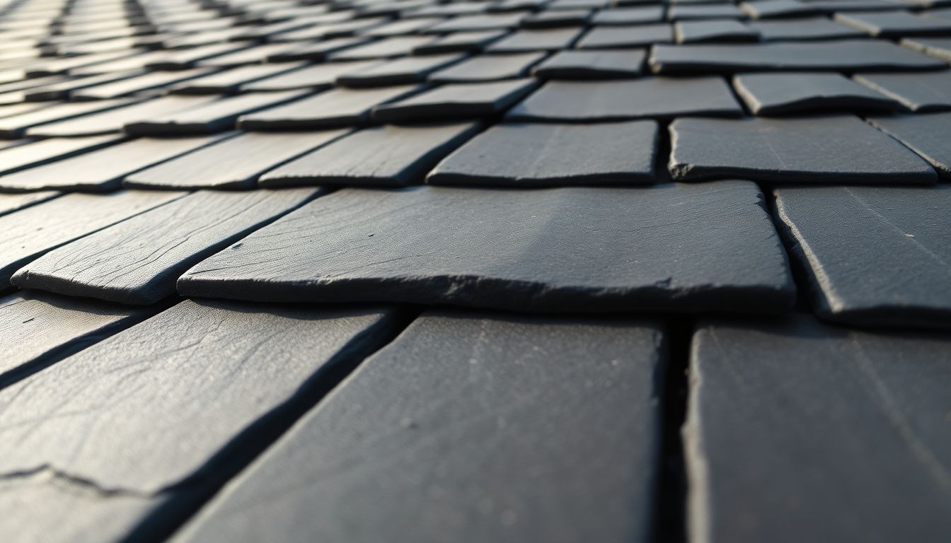 Close-up of a slate roof with varied textures.
