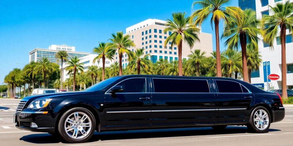 Black limousine parked in Los Angeles with palm trees.