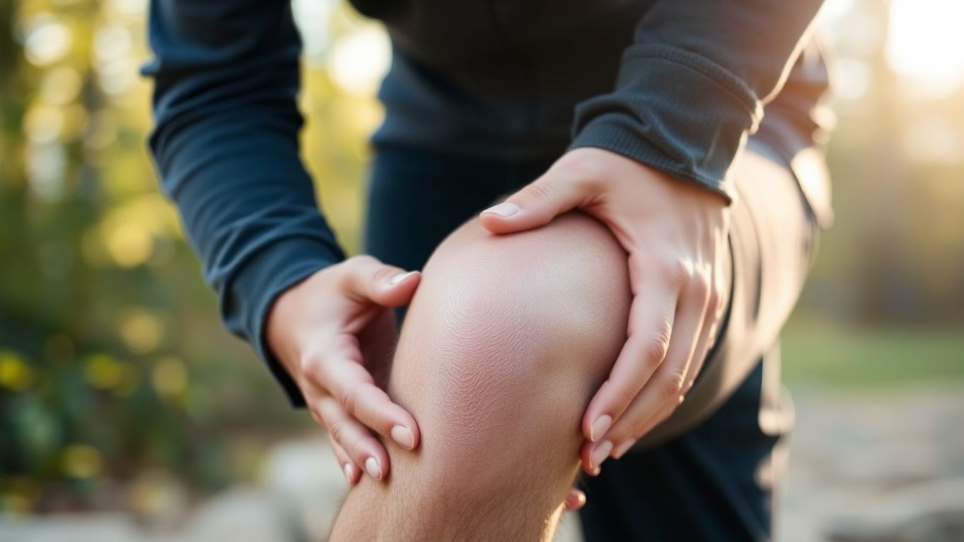 Person holding knee in pain outdoors.