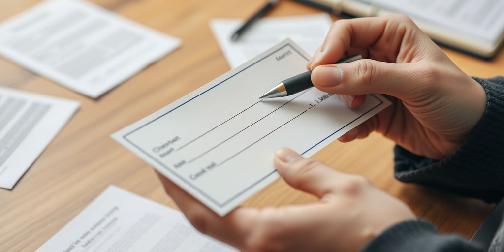 Hand holding check with pen hovering