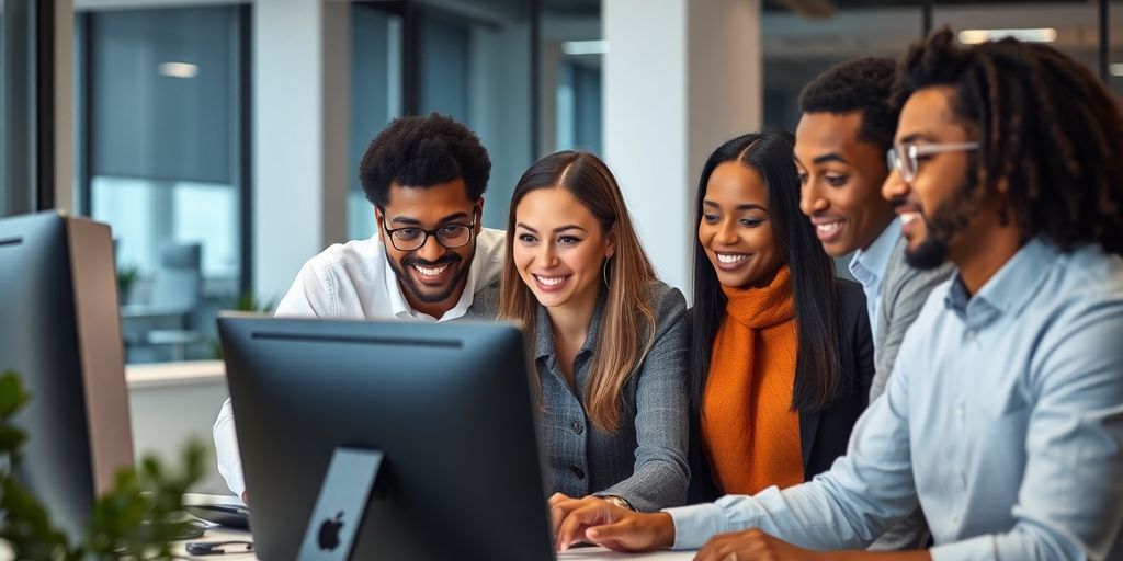 Diverse team using AI customer support software in office.