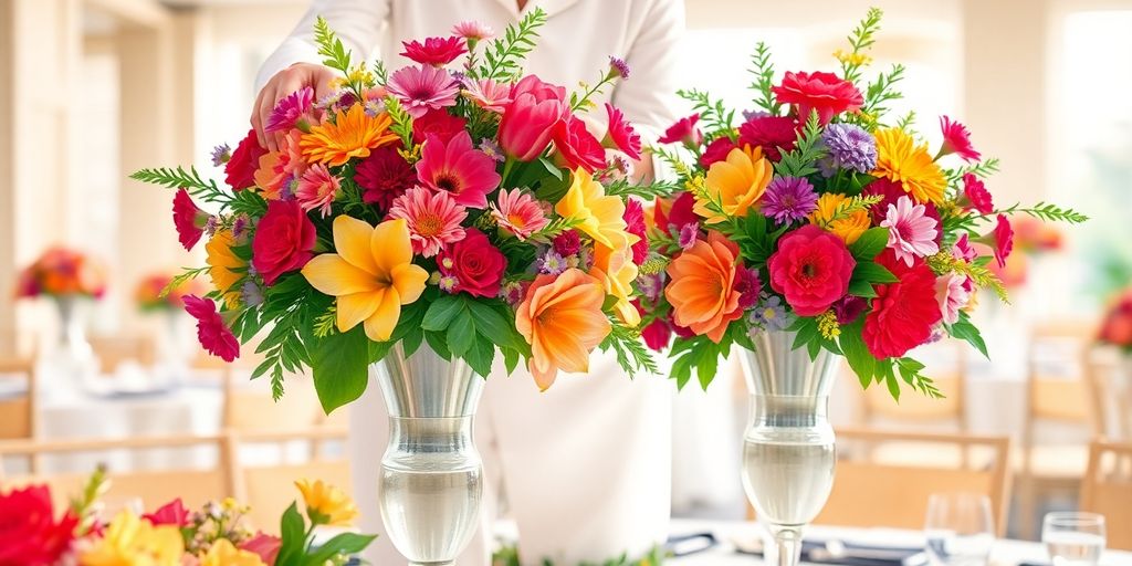 Event florist arranging vibrant floral centerpieces.