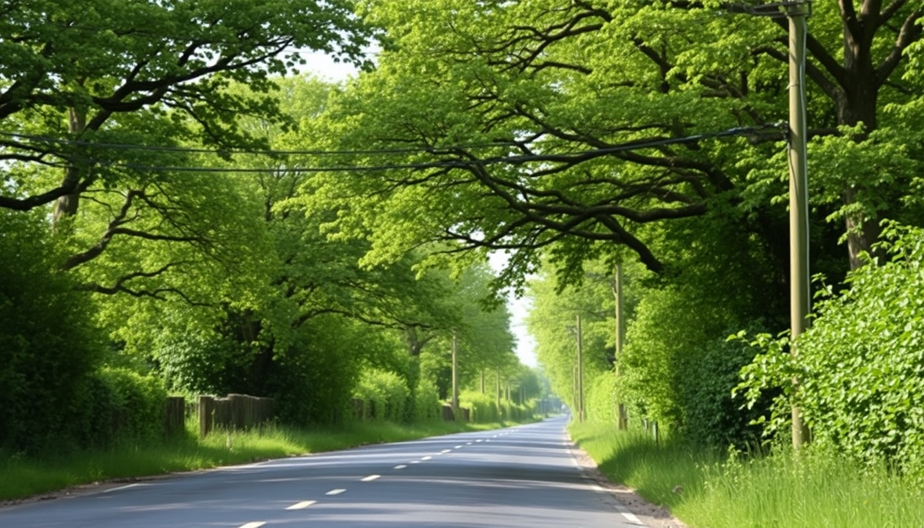 Trees touching power lines along a small Irish road.
