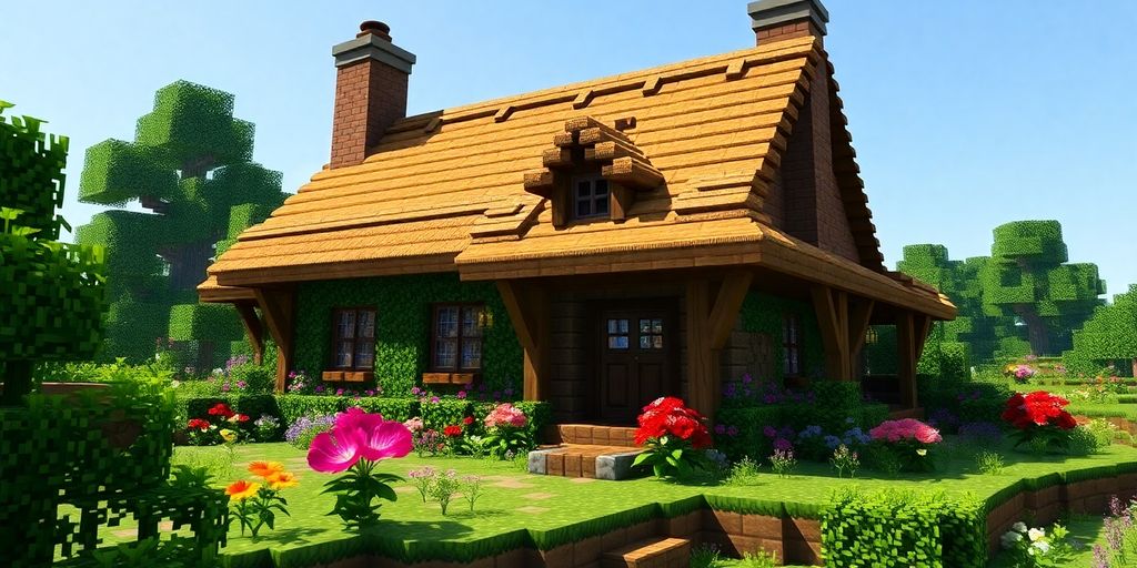Charming Minecraft cottage surrounded by flowers and greenery.