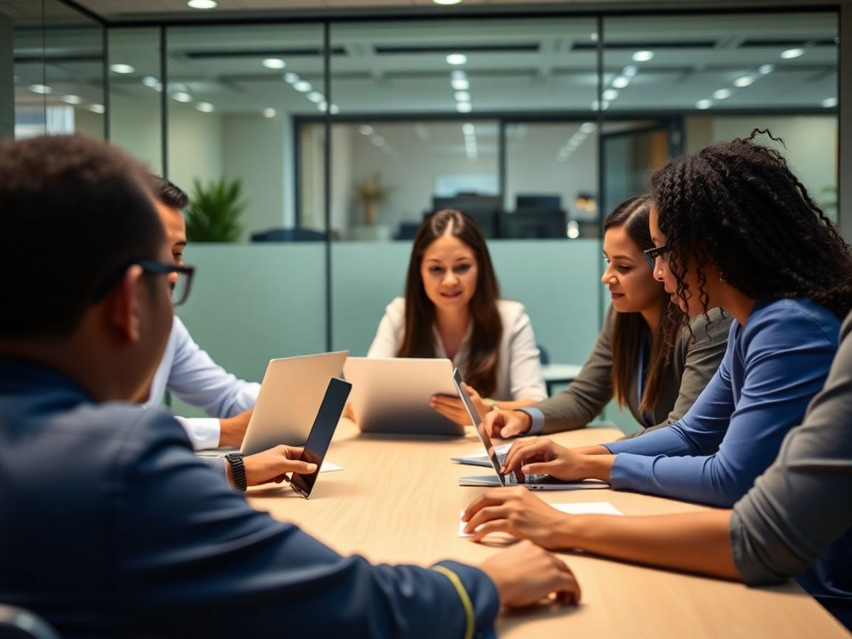 Business professionals collaborating on private blockchain technology.