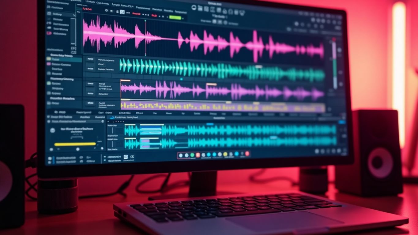 Computer screen with digital audio editing interface and waveforms.