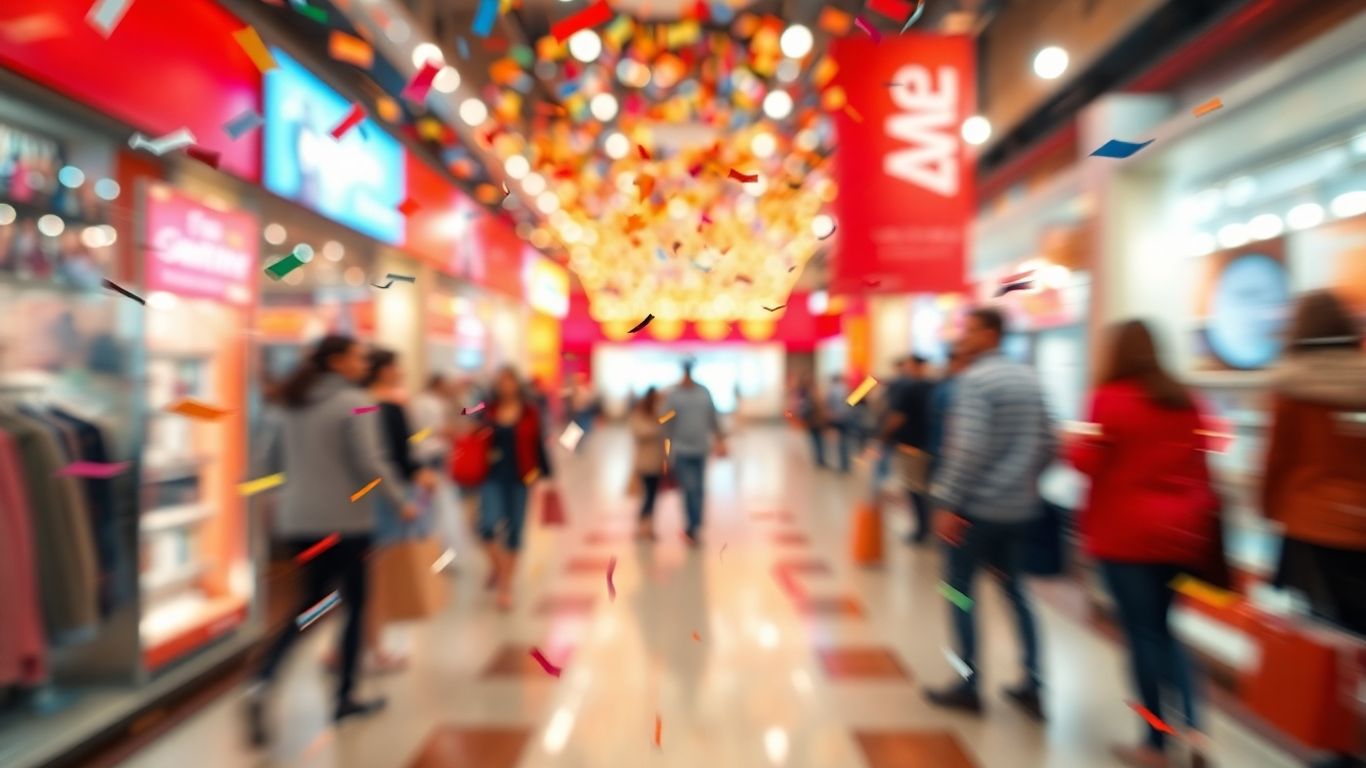 Exploding confetti and blurred motion at a flash sale.