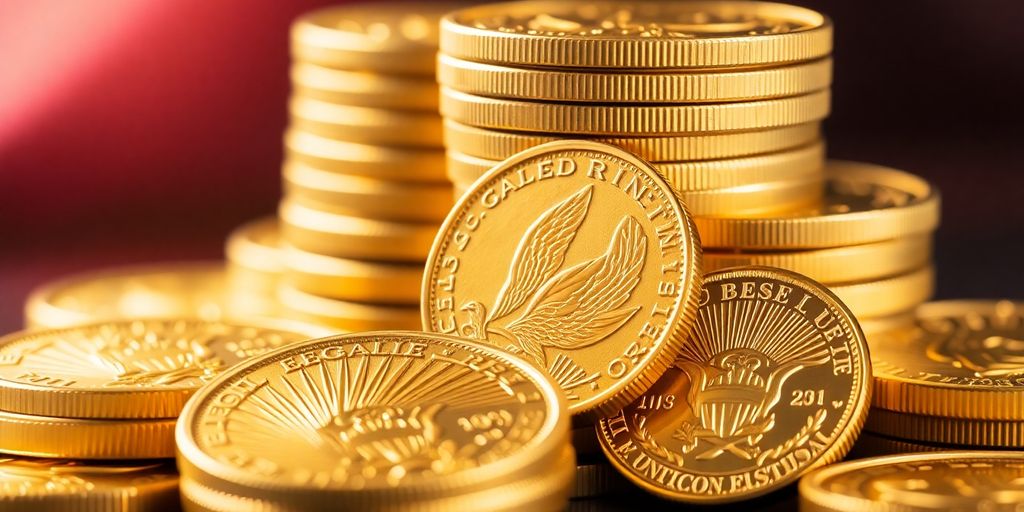 Close-up of Gold Eagle coins stacked elegantly.