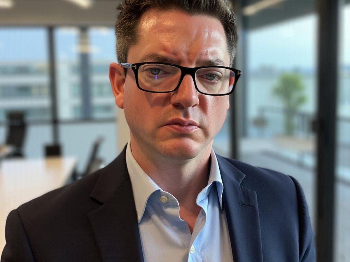A serious individual in a business setting, wearing glasses.
