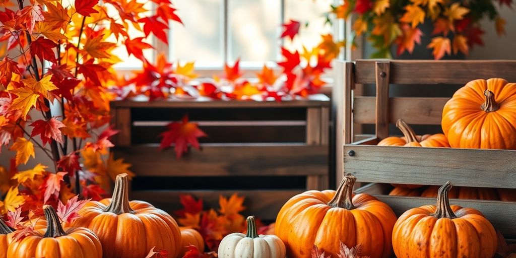 Festive fall decor with pumpkins and leaves.