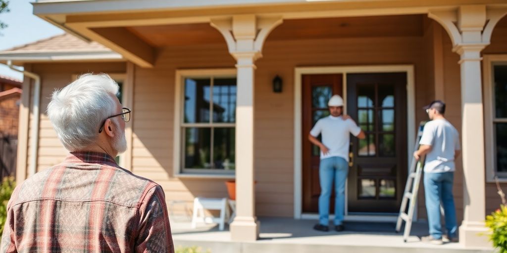 Homeowners relaxing while house painters work on exterior and interior.