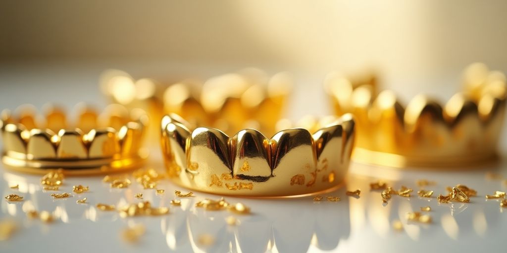 Des pièces d'or dentaire sur une surface réfléchissante.