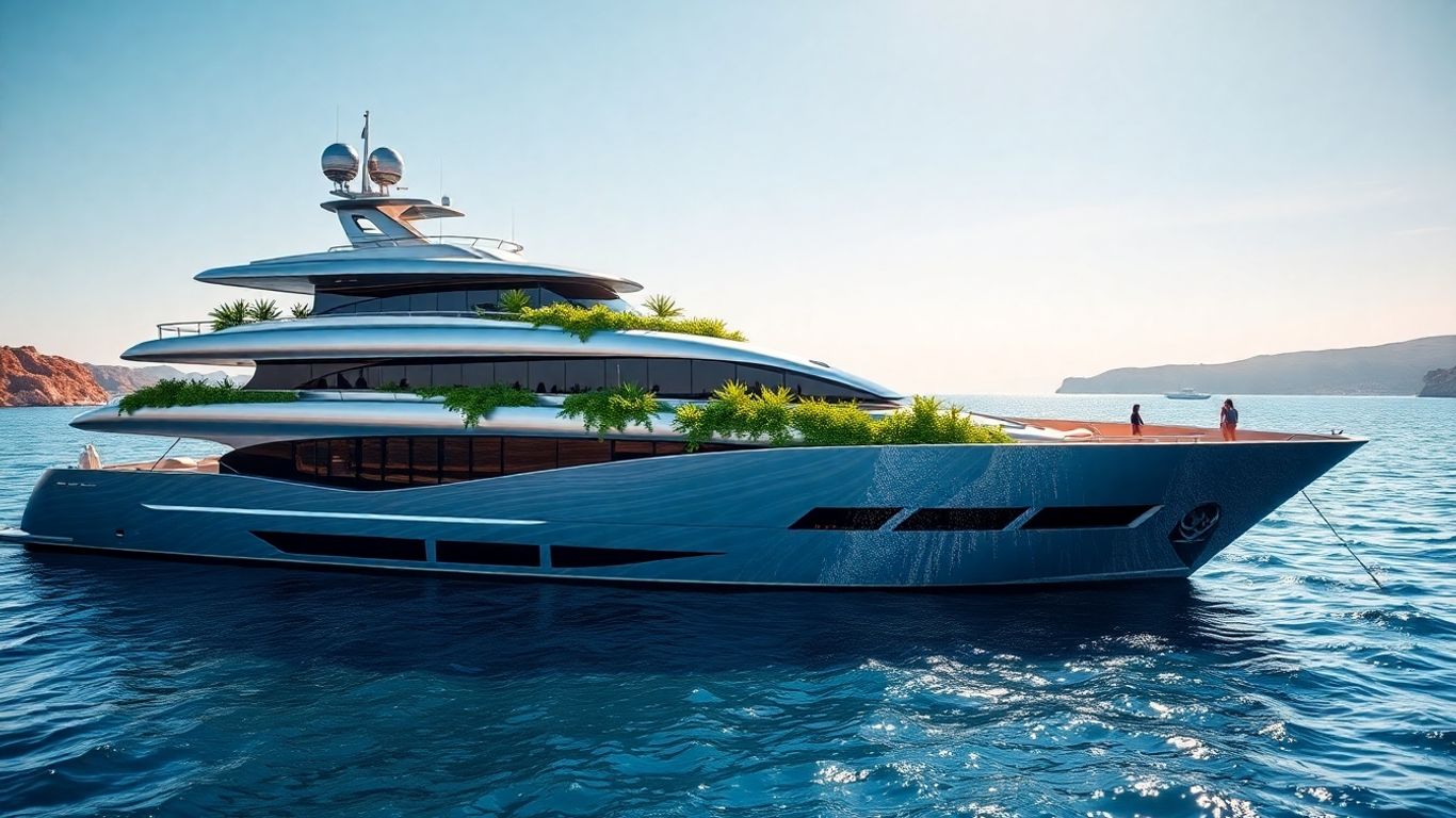 Modern luxury yacht with solar panels and rooftop plants
