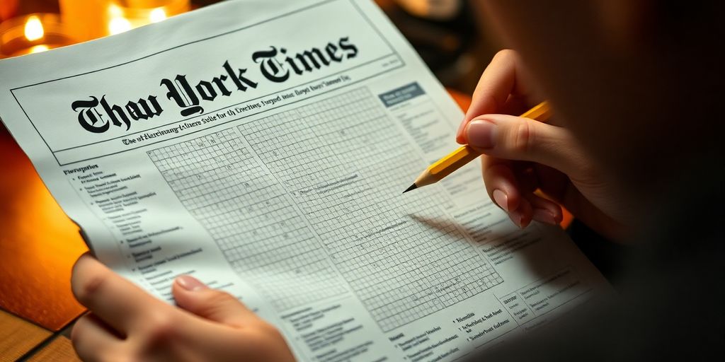 Person solving a New York Times Crossword puzzle.