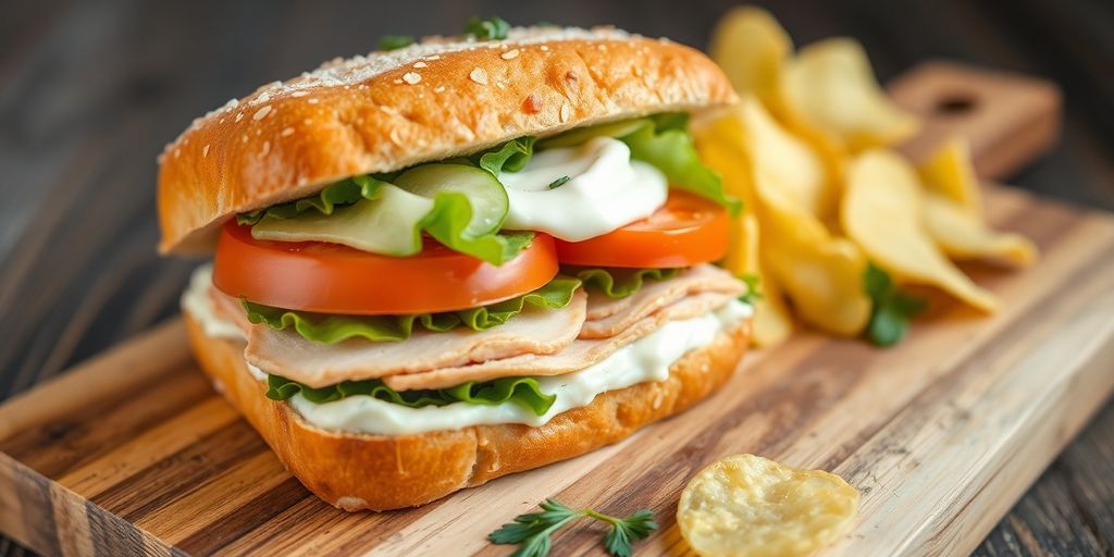 Delicious turkey sandwich with fresh ingredients and chips.