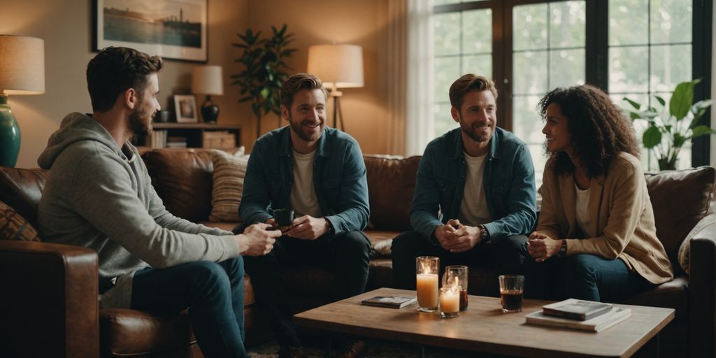 Friends and new partners meeting in a cozy living room.