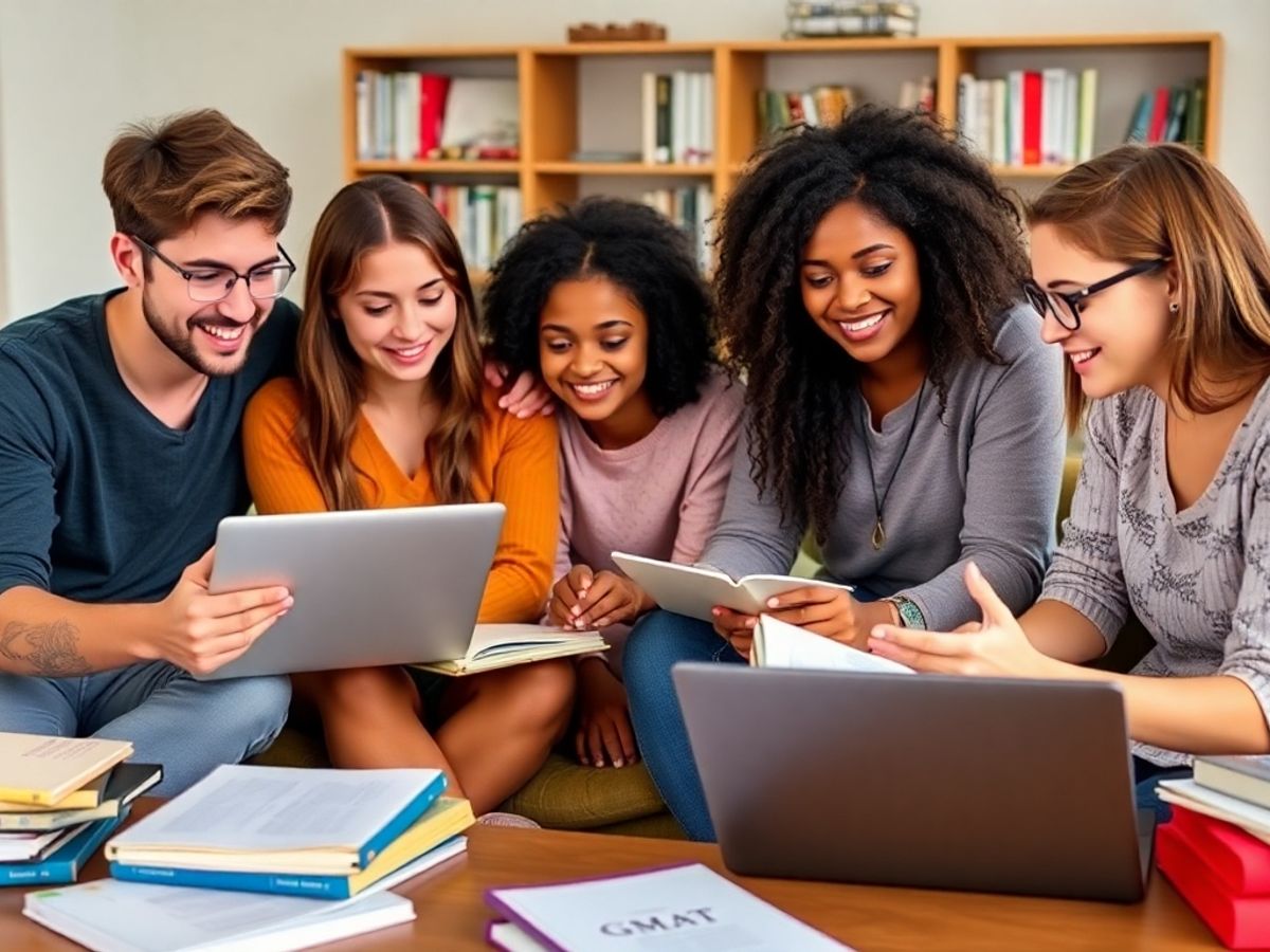 Diverse students studying together online for GMAT preparation.