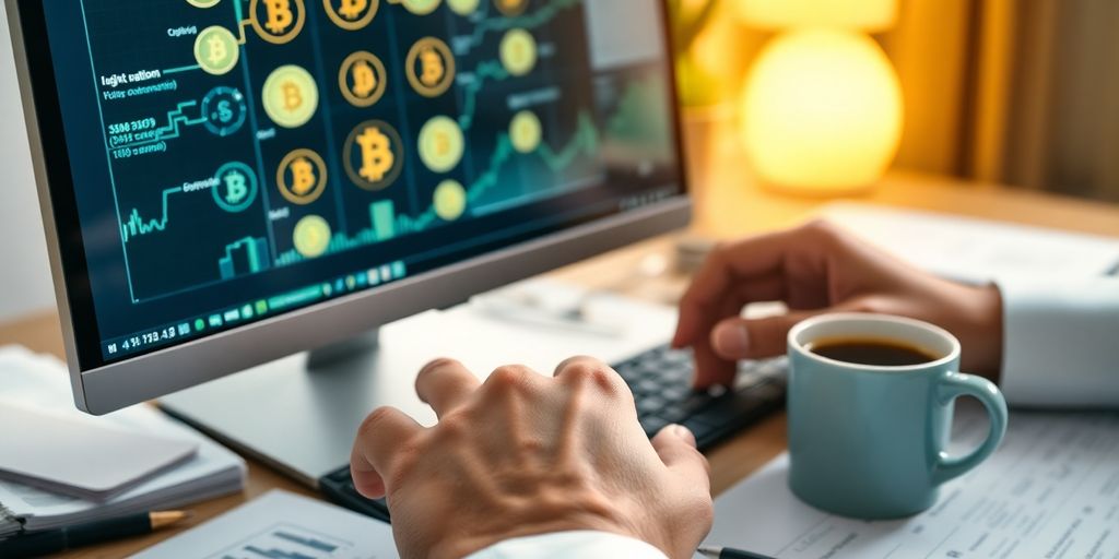 Person analyzing cryptocurrency icons on a computer screen.