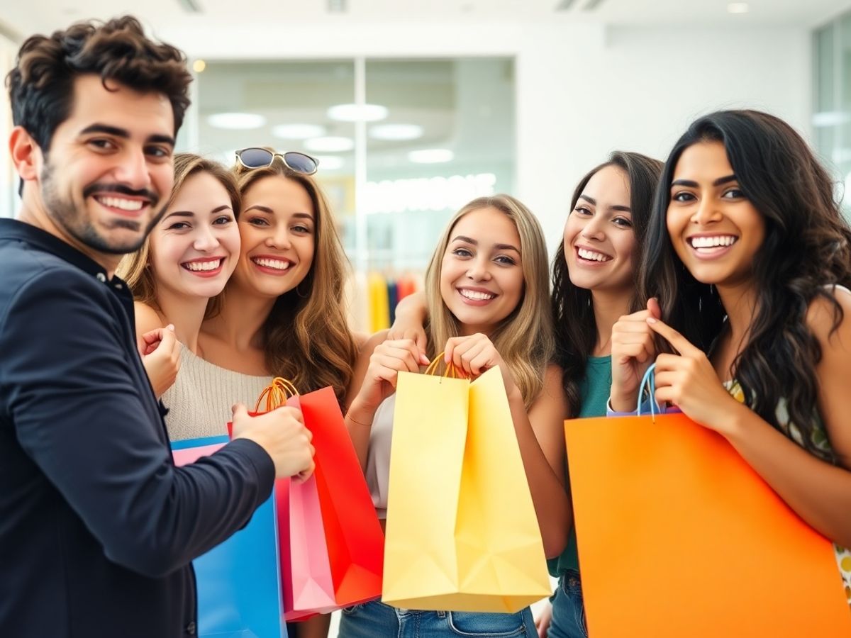 Oameni zâmbitori, haine colorate, cumpărături online