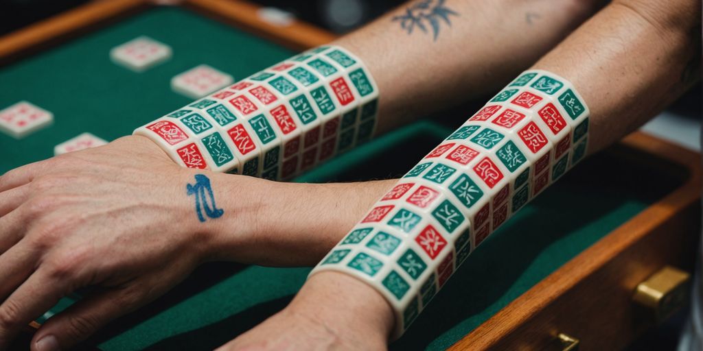 Tattoo of colorful mahjong tiles on an arm.