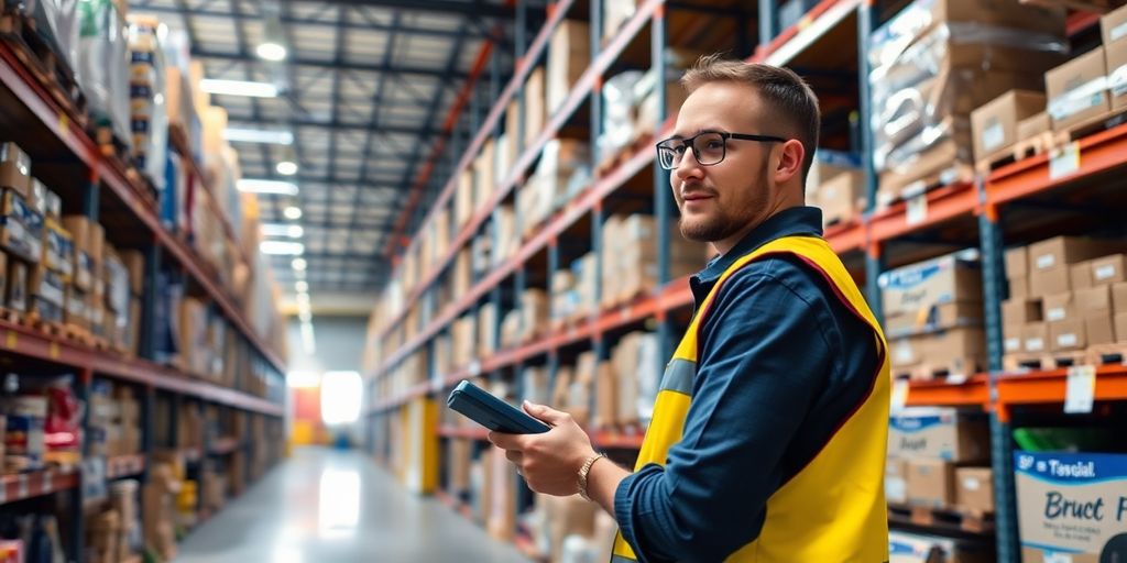 Warehouse shelves stocked with products and a scanning employee.