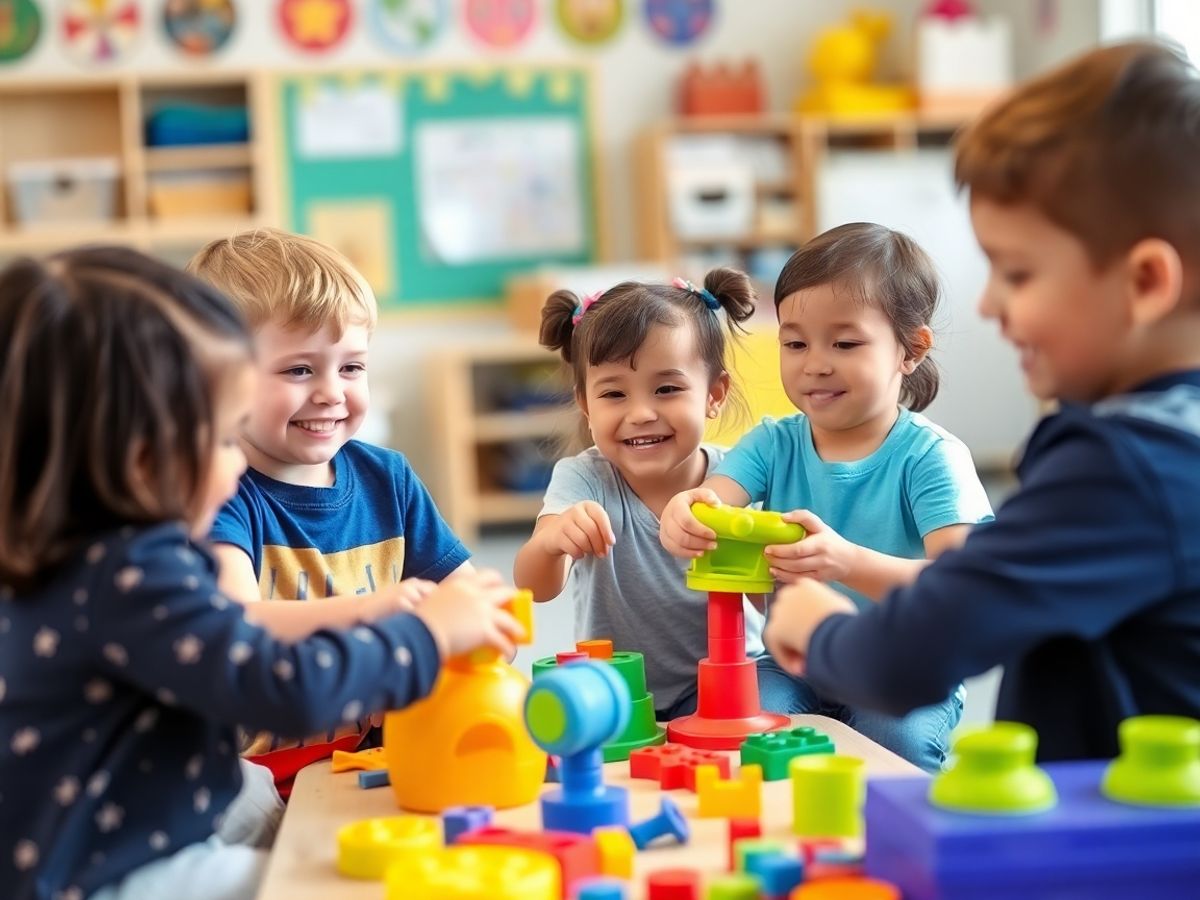 Copii zâmbind într-o grădiniță, jucându-se fericiți.