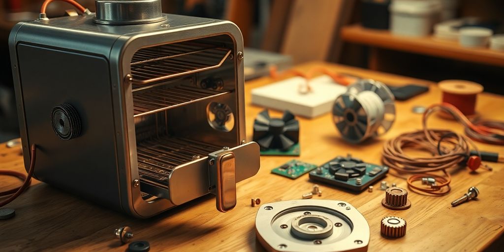 Vintage air fryer prototype with exposed wiring on workshop table.