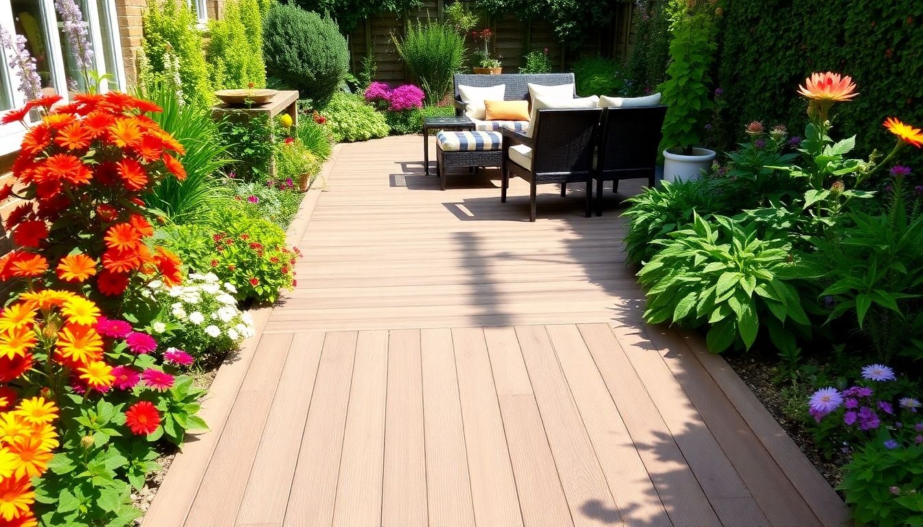 Wooden garden decking with plants and furniture in London.