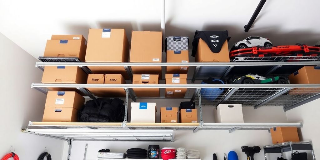 Overhead garage storage racks with organized boxes and equipment.
