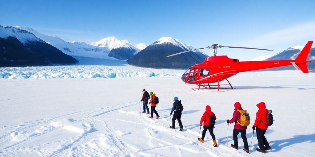 A red helicopter and hikers on a vast Juneau glacier.