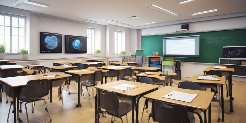 modern classroom with digital devices and e-learning graphics