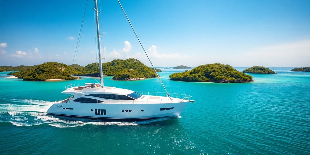 Luxury yacht sails tranquil turquoise waters near a tropical island.