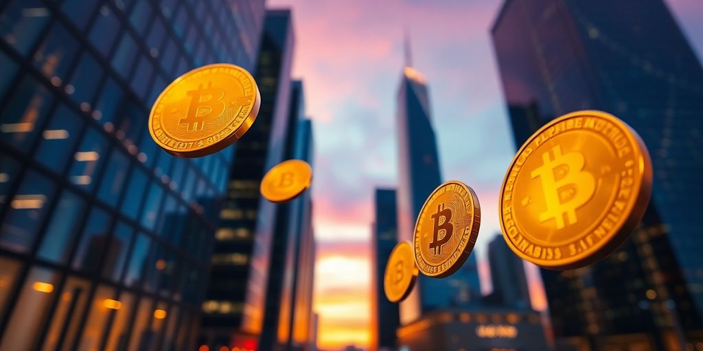 Digital coins soaring with a vibrant, modern city skyline.