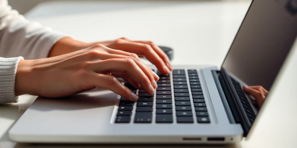 Fingers typing on a laptop keyboard.