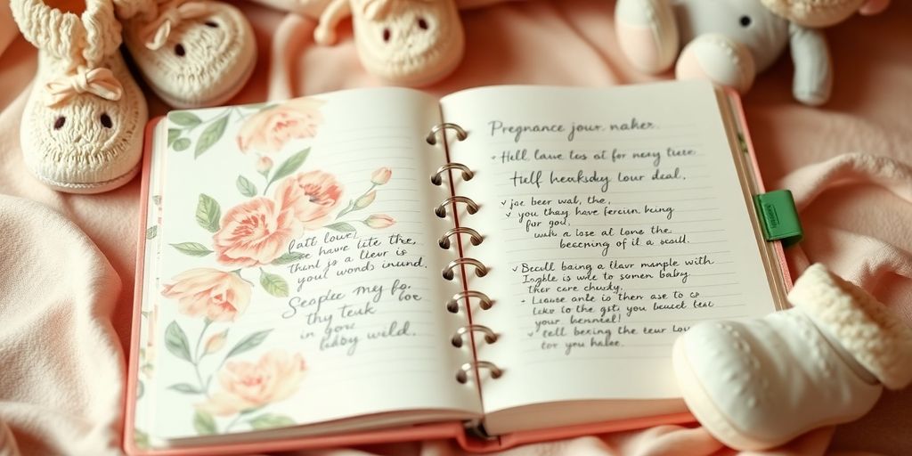 Pregnancy journal with baby items on a soft background.