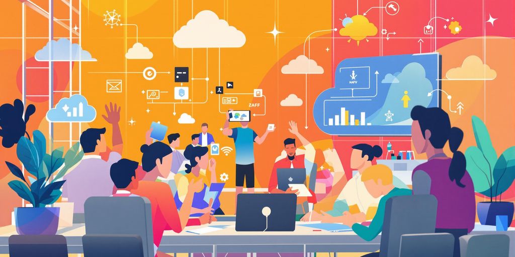 Diverse team collaborating in a modern office environment.