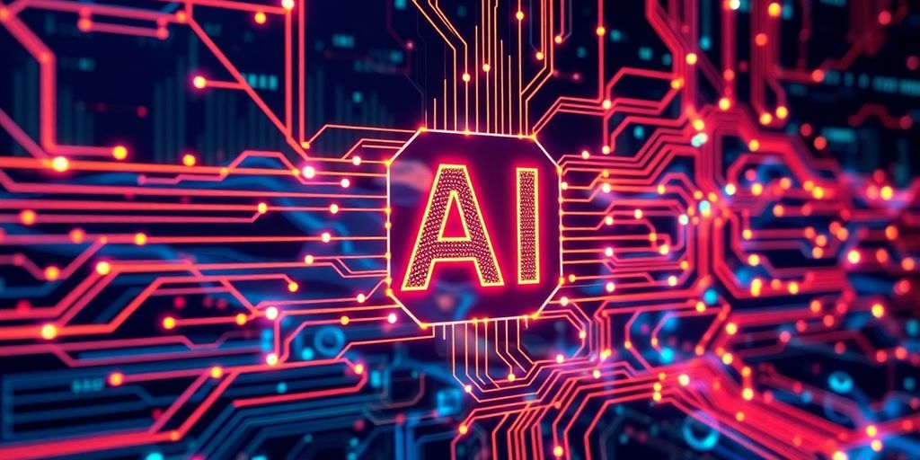 Futuristic AI interface with glowing circuits and digital landscape.
