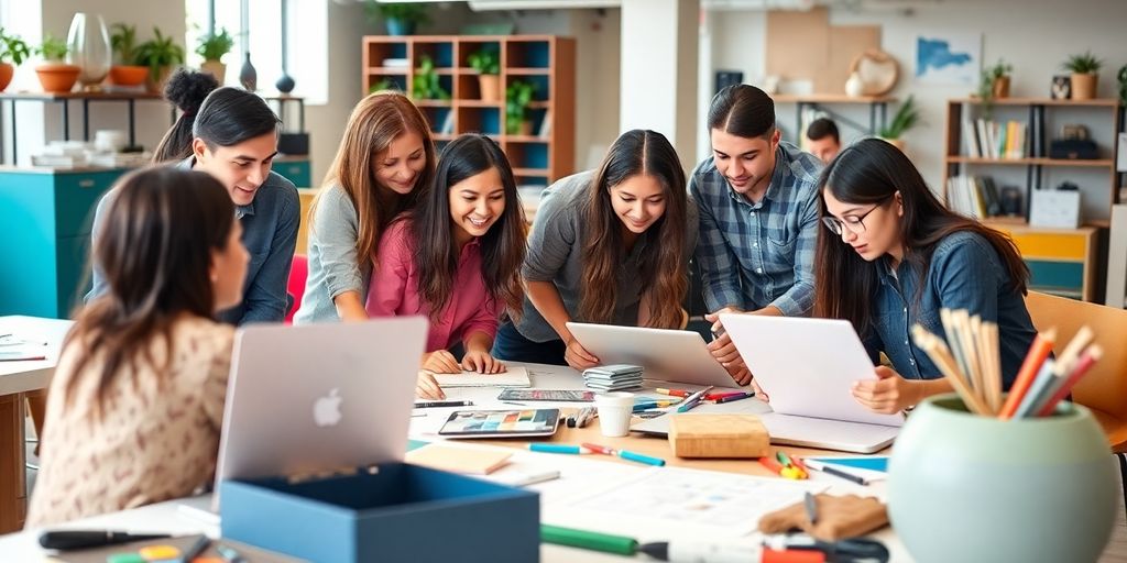 Diverse interns collaborating in a modern workspace at Crate and Barrel.