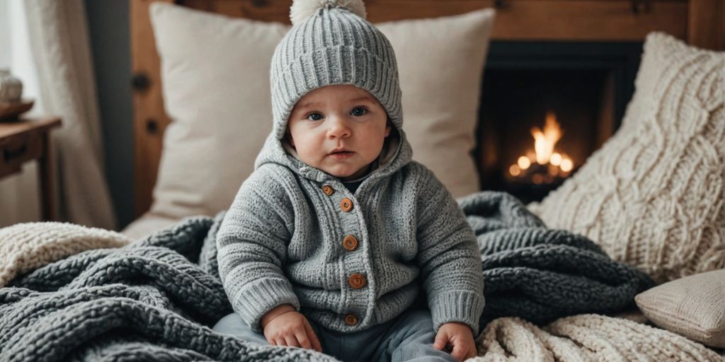 Baby in layered winter clothes with blankets