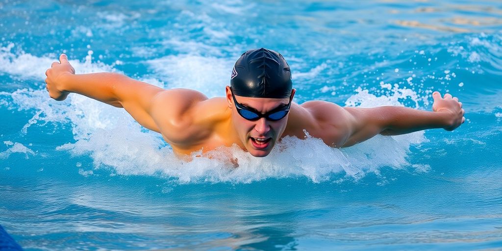 Swimmer's powerful freestyle stroke with water splashing