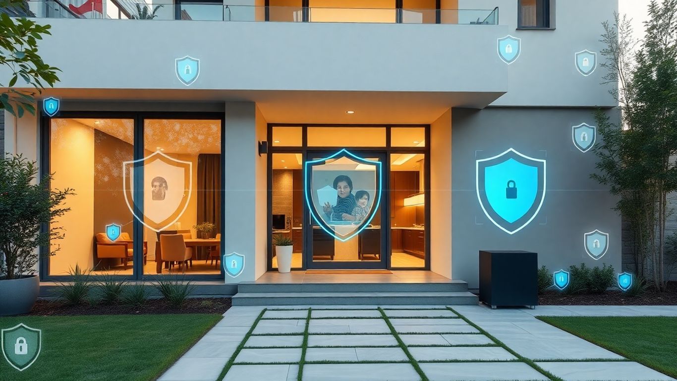 Casa moderna protegida con efectos digitales y luz natural.