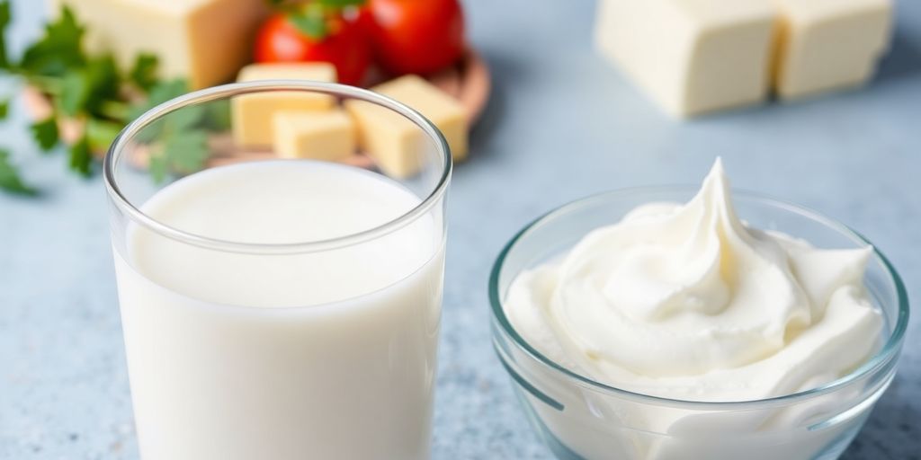 Glass of milk next to a bowl of whipped cream.